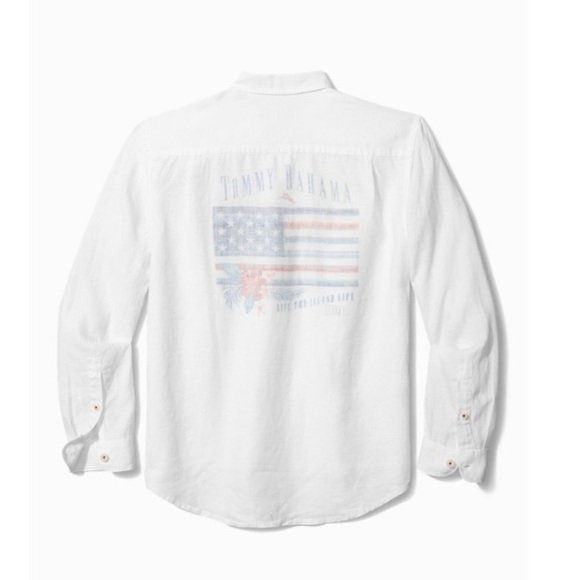 Tommy Bahama New With Tags Men's Star Spangled Bahama Flag Print Linen Shirt - Picture 11 of 12